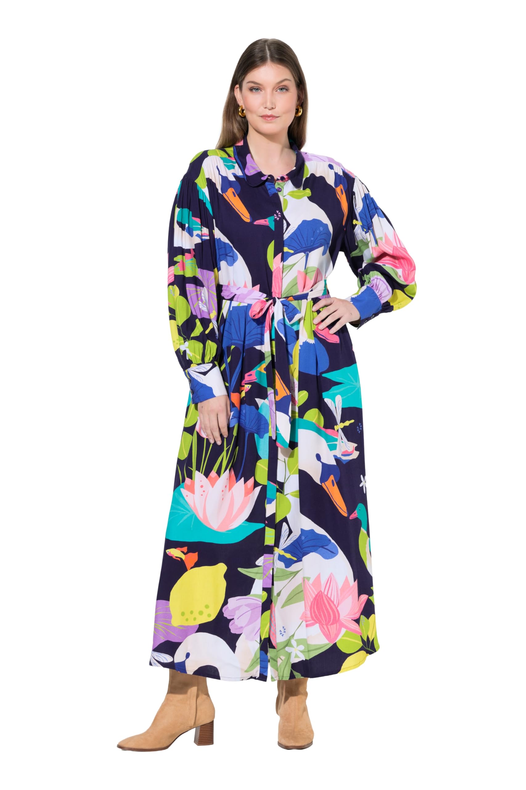 Ulla Popken Damen große Größen Übergrößen Plus Size Maxikleid, Landhausdruck, Hemdkragen, Ballon-Langarm 847661