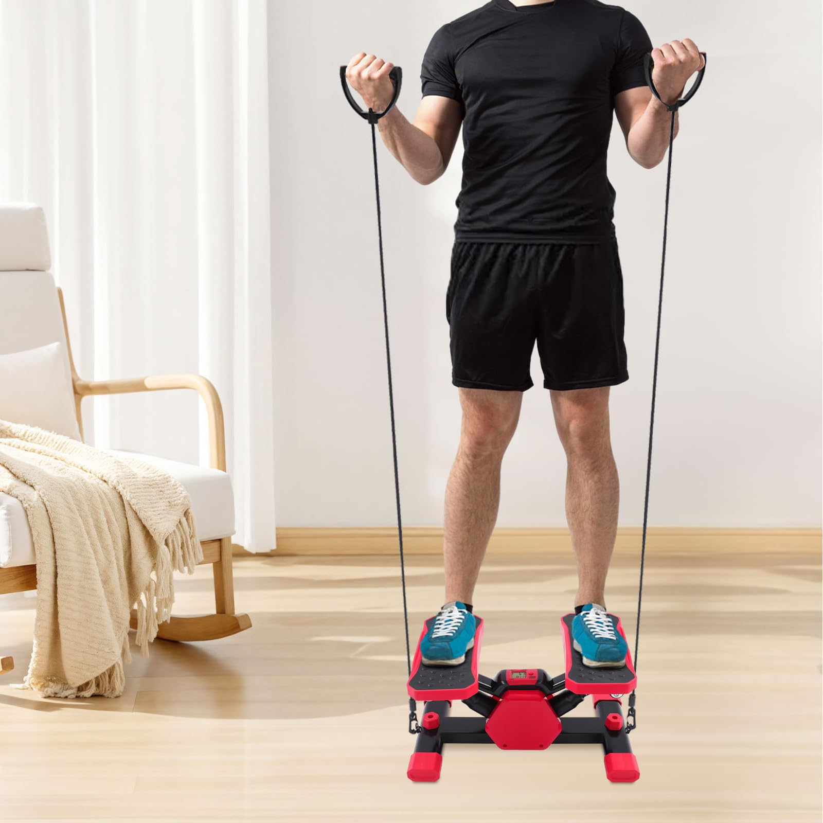 Stepper Fitness Casa Attrezzi Palestra Casa Glutei E Gambe Stepper Portatile con Corda di Trazione E Schermo LCD Black