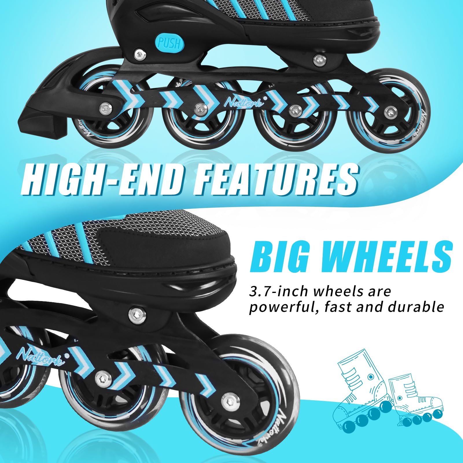 Nattork Adjustable Blades Roller Skates for Adults Women and Men,Outdoor & Indoor Teal Inline Skates for Kids Girls and Boys,Beginners,Size 6.5 7 7.5 8