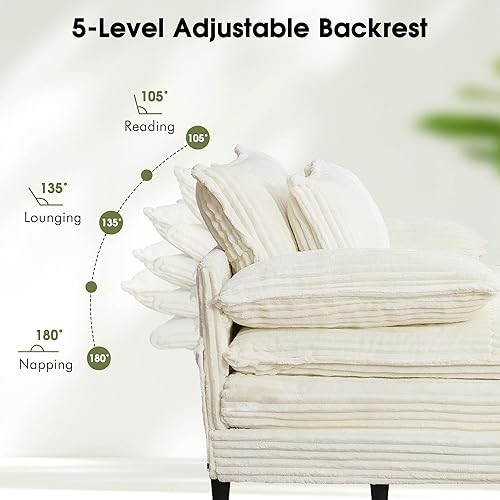 Miniatura 3 de Tumbona extragrande de 54.8 pulgadas de ancho para interiores con respaldo ajustable de 5 posiciones, sofá cama de pana con 3 almohadas, moderna