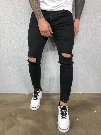 Ylingjun Mens Stretch Skinny Ripped Distressed Jeans