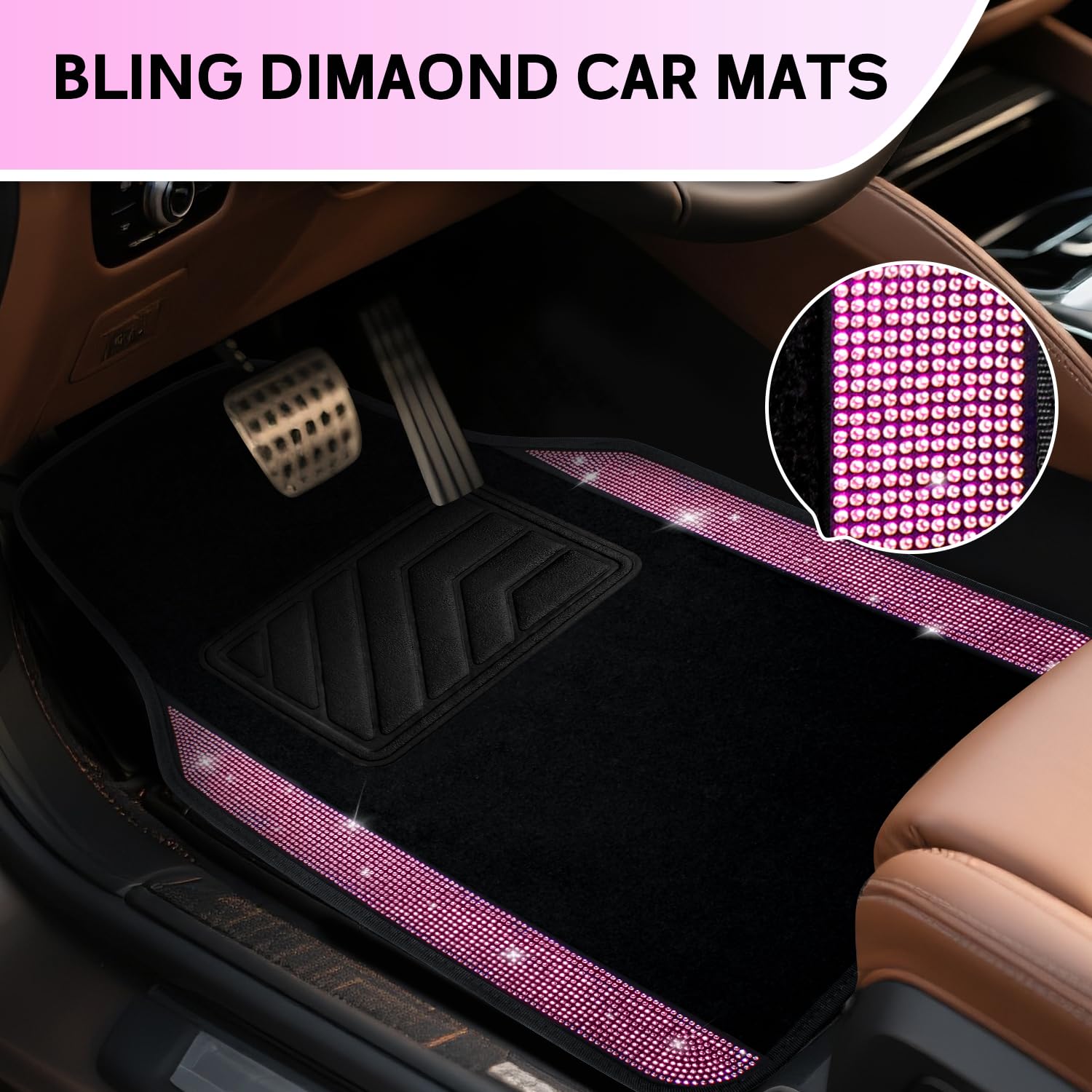 Crystal Bling Diamond Car Floor Mats Shining Rhinestone Carpet Sparkly Glitter with Anti-Slip PVC Heel Pad Waterproof Universal — view 5