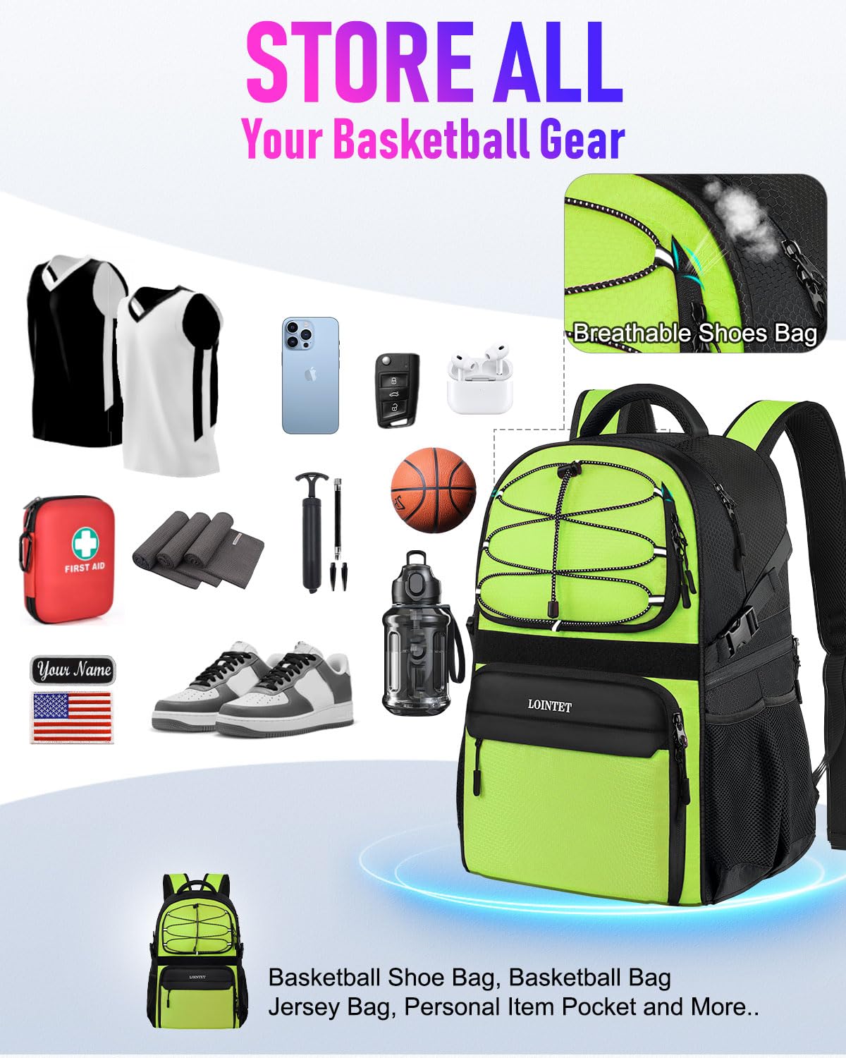 LOINTET Basketball Bag Backpack with Ball Holder Shoes Compartment