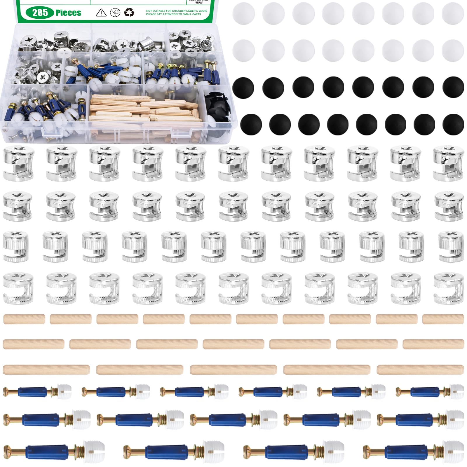 Kit de 285 conectores 3 en 1 para conexión de muebles para armario, cajón, armario, accesorios de bloqueo de leva con clavija, tuerca preinsertada, pasadores de madera y tapas de contratuerca