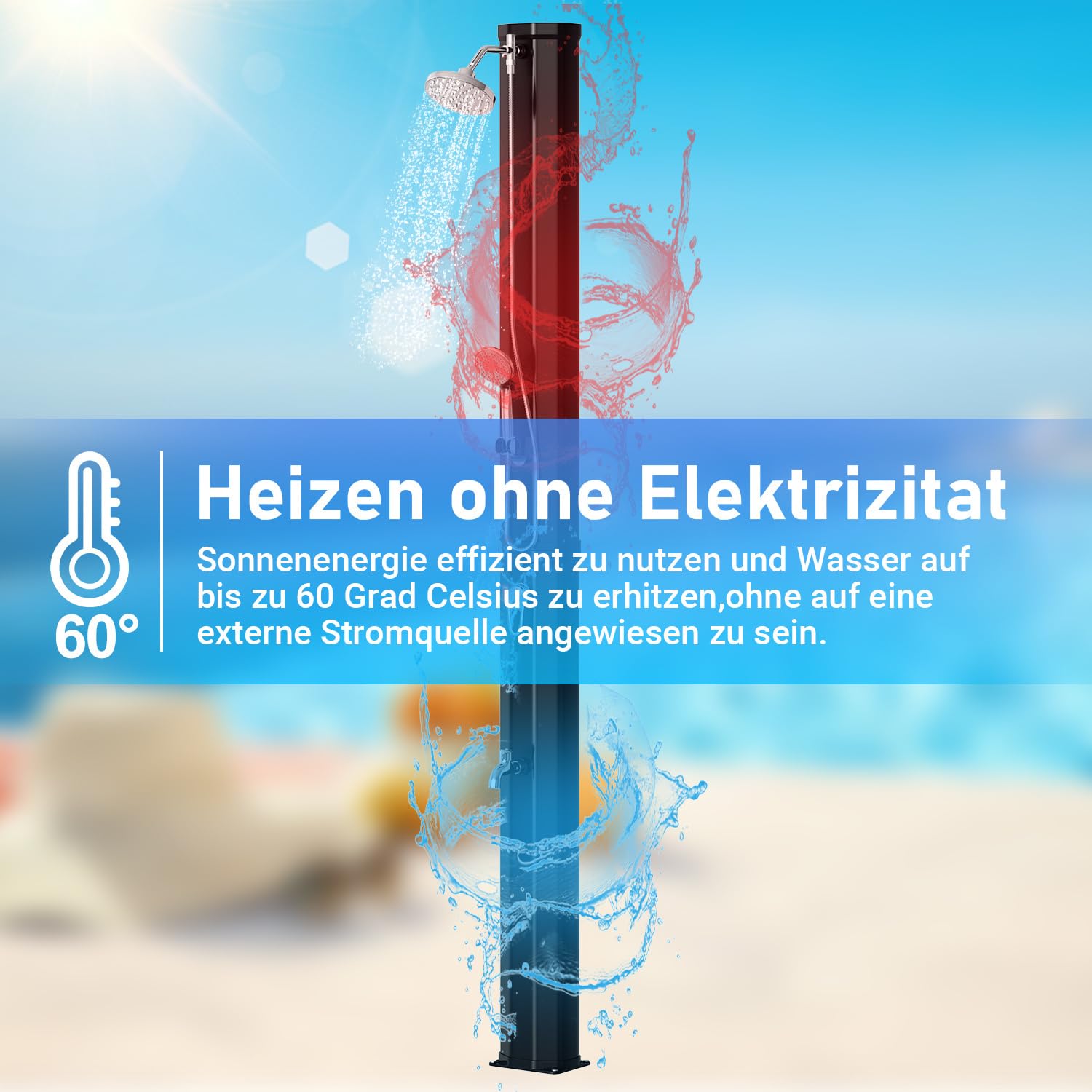Prysznic solarny, 35 l, prysznic ogrodowy, ciepła woda, do 60°C, bez przyłącza prądu, prysznic basenowy, kemping, ze słuchawką prysznicową i obrotową głowicą prysznicową, w zestawie materiał