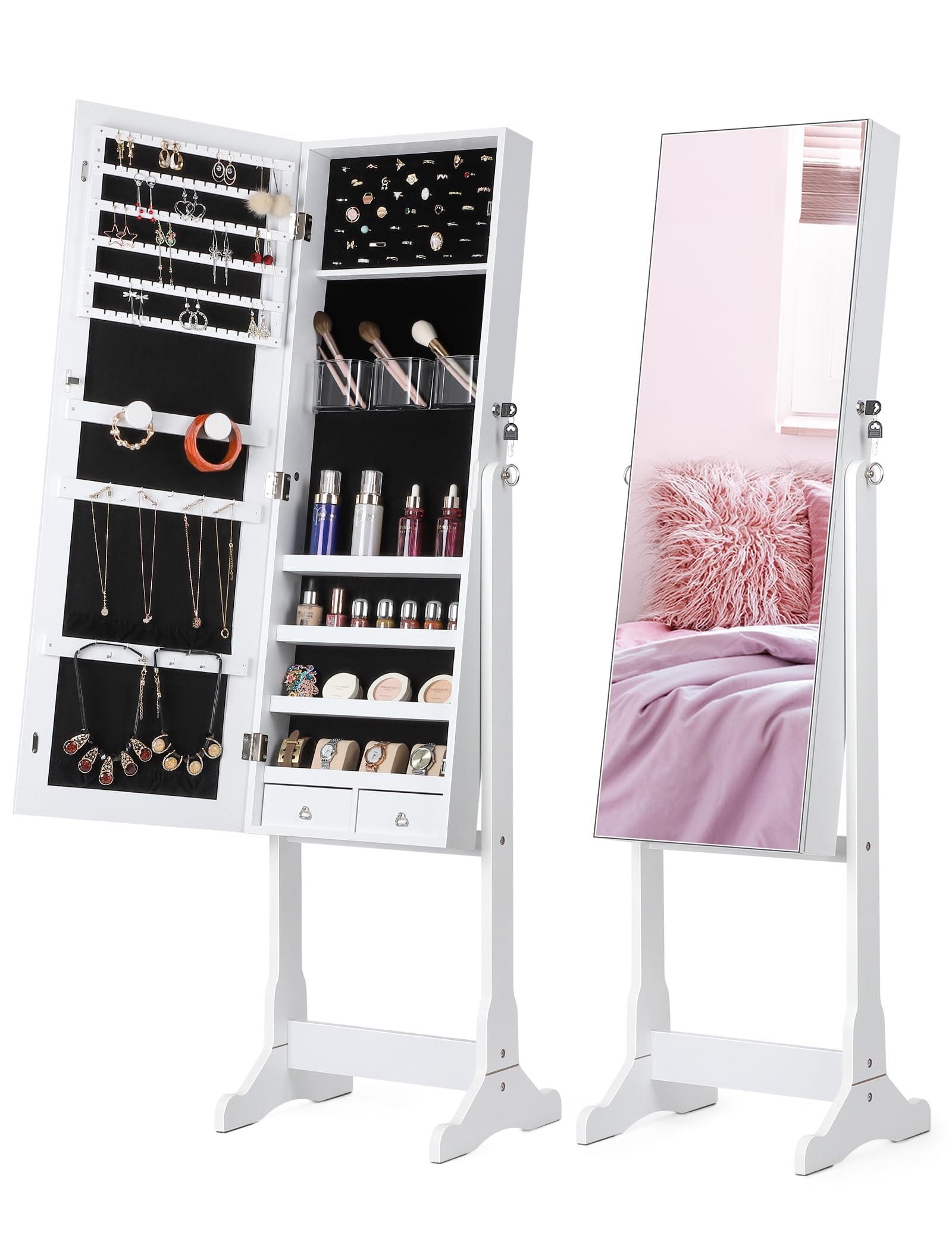 Jewelry Cabinet Armoire with Full Length Mirror, Vertical Locking Jewellery Armoire Mirror Organiser, White Large Cosmetic Storage Organizer