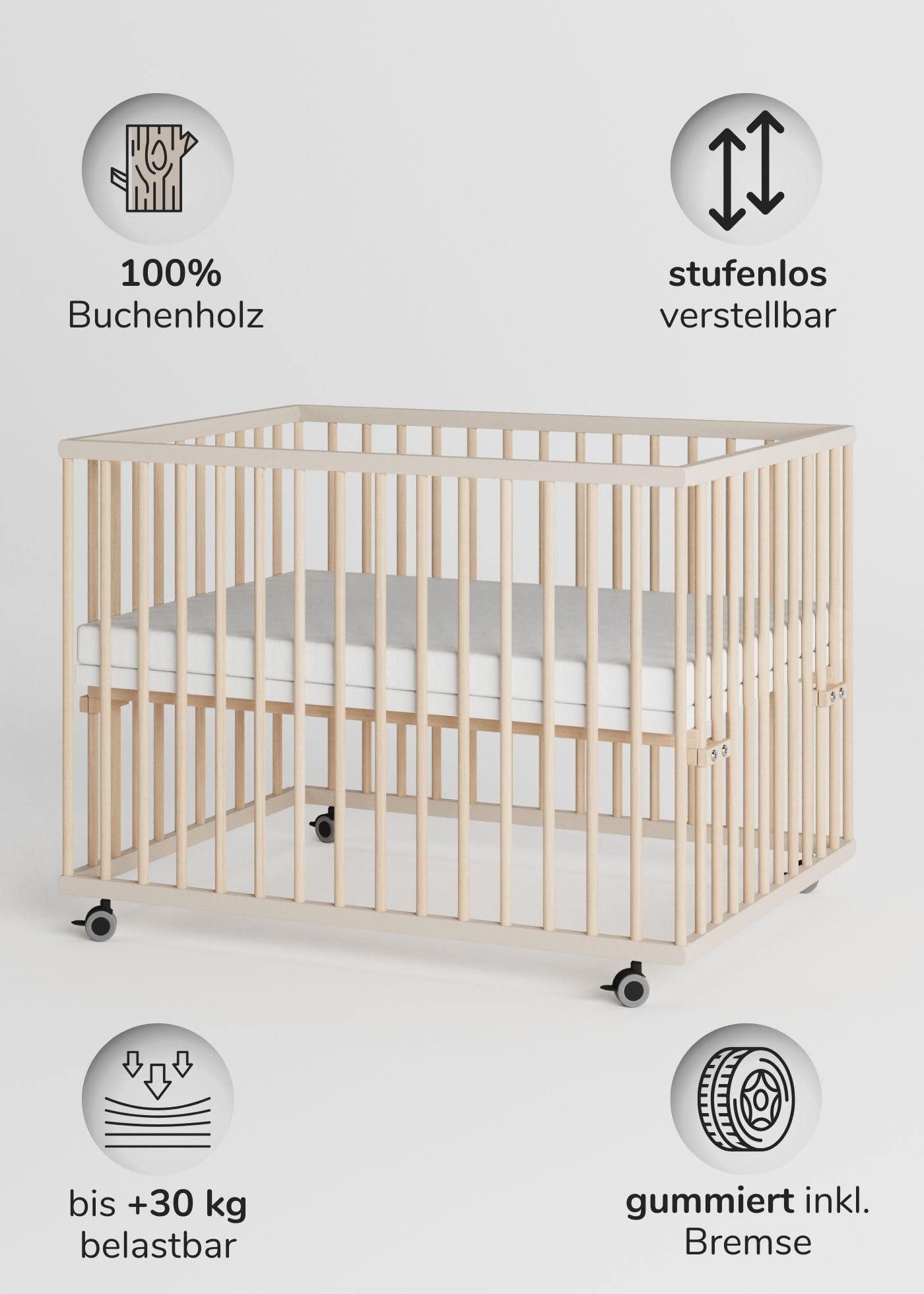 Sämann Laufstall Baby 75x100 cm mit Matratze SleepPlus und Schlupfsprossen | TÜV geprüft | stufenlos höhenverstellbar | Laufgitter Premium | Babybett aus Holz | Krabbelgitter sahara dust/natur