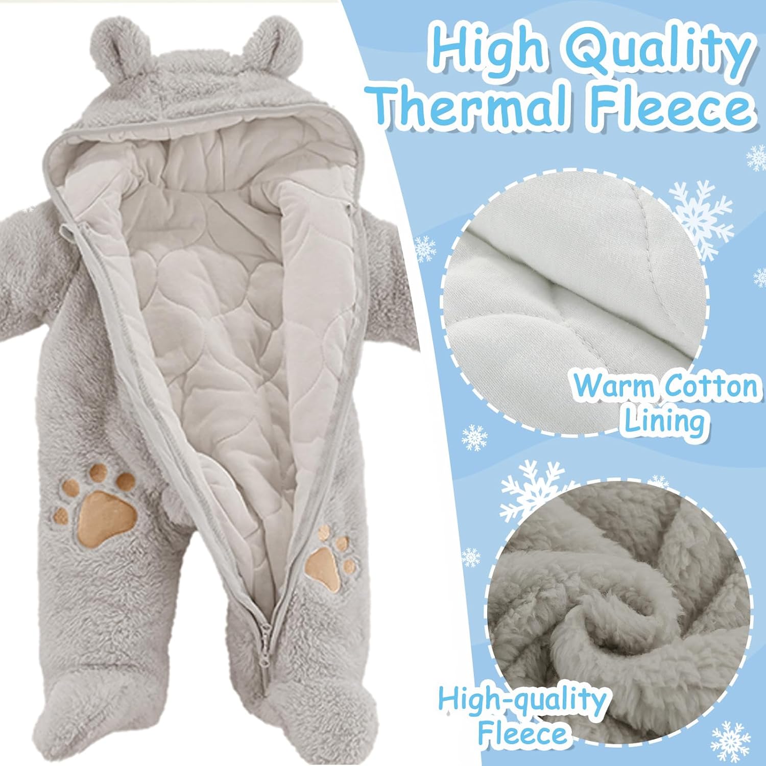 Newborn Baby Bear Onesie Snowsuit Winter Footie Fleece Romper Hooded Jumpsuit Infant Coat for Girls Boys 0-12M - Image 4