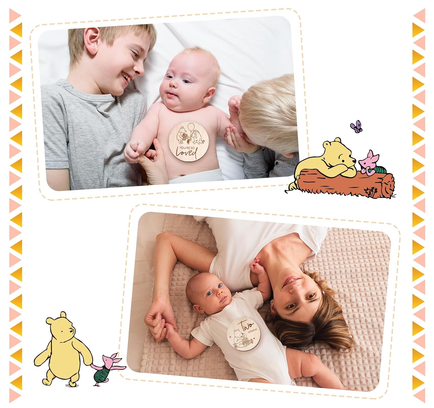 Winnie Baby Monthly Milestone Marker, Wooden Discs for Baby Photo Props with Hello World Newborn Sign - 8Pcs Double Sided Signs- Laser Engraving