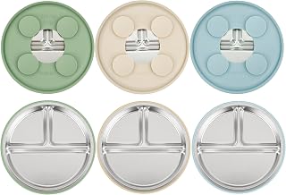 PandaEar 3-Pack Stainless Steel Baby Suction Plates - Divided Non-Slip Toddler Dishes for Baby-Led Weaning, Dishwasher Safe (Blue/Green/Brown)