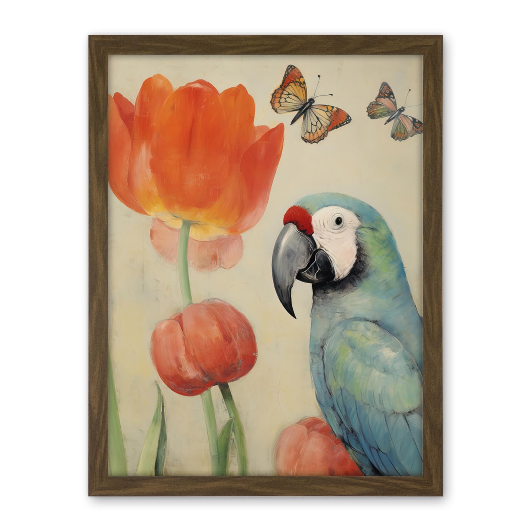 Artery8 Parrot and Tulips Flowers Butterflies Pastel Colour Artwork Floral Spring Oil Painting Artwork Framed Wall Art Print 18X24 Inch