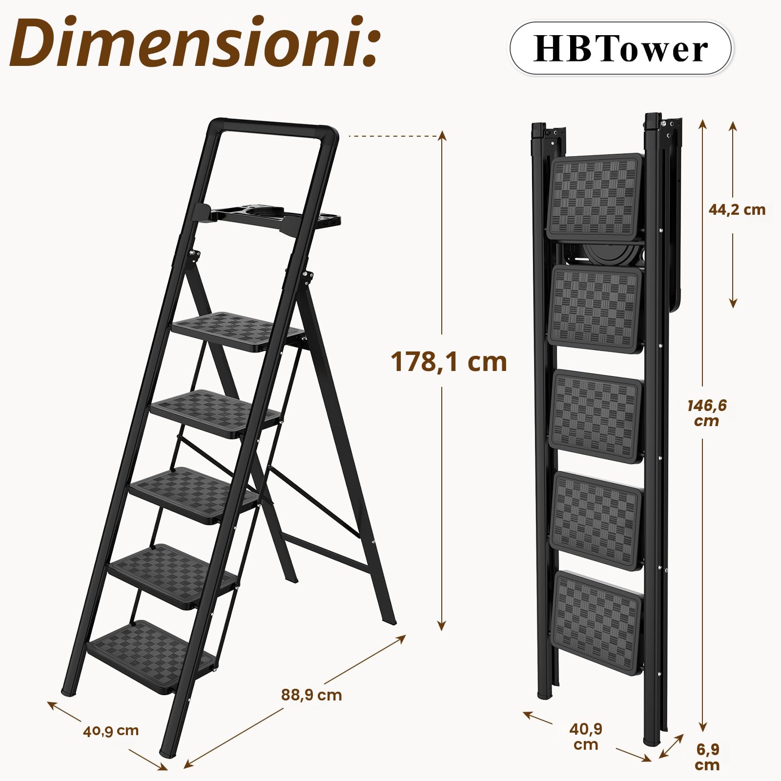 HBTower Scala 5 Gradini Pieghevole con Vassoio Porta-Attrezzi, Sgabello Compatto, Struttura in Acciaio Robusto, Portata 150 kg, Portatile per Casa e Cucina