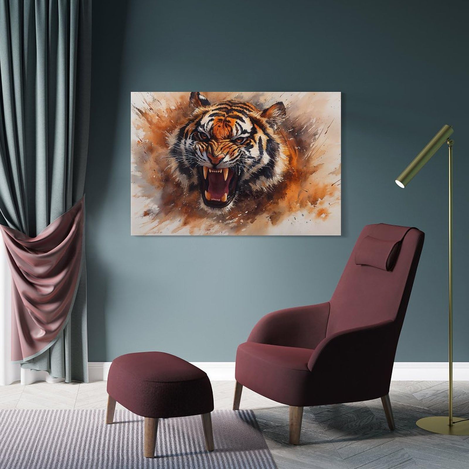 Junmoney Decorative Wall Artwork Watercolor Painting of An Angry Tiger, 24x36inch(60x90cm), for Corridors, Hallways Or Apartment Entries, Wall Decor to Refresh Empty Corners