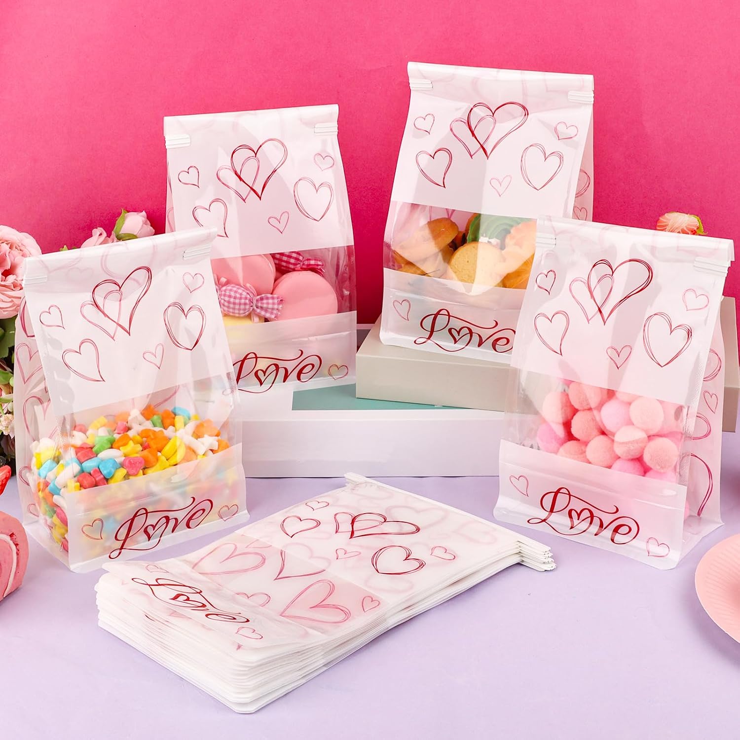 Hooqict 28Pcs Valentines Day Gift Bags with Tin Tie Lock for Kids School Classroom Gift Exchange Galentines Day Bags for Valentines Goodie Candy Treat Party Favors