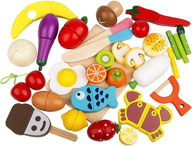 Wooden Play Food 32 Pcs Cutting Food Fruits and Vegetables Toys Pretend Food Toy Food for Toddlers with Storage Box (32 pcs)