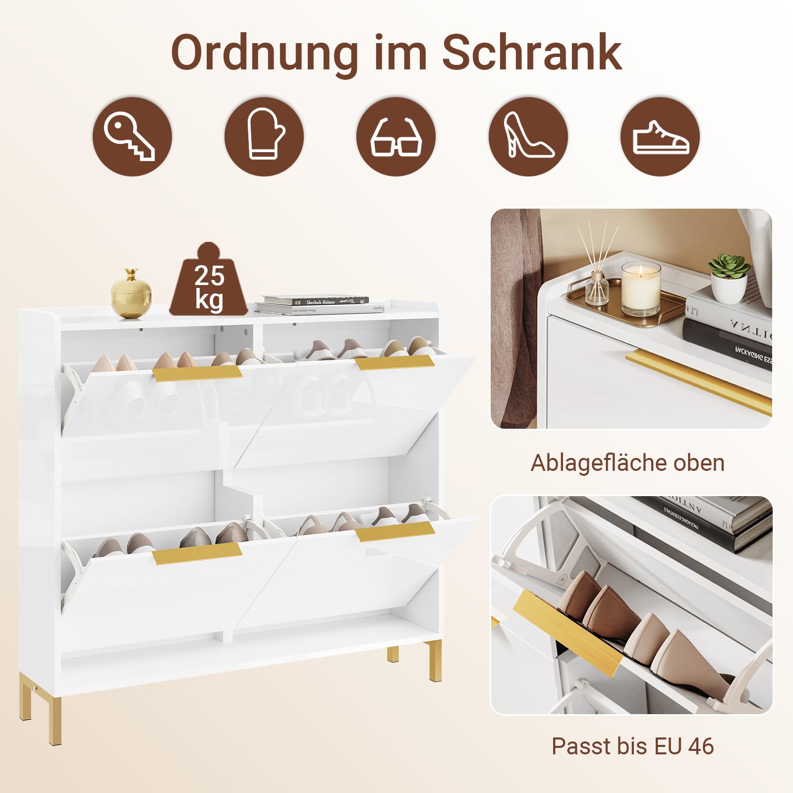 SoBuy Schuhschrank Schmal Schuhkipper Schmal mit 4 Klappen– Hochglanz Weiß mit Goldgriffen, 19cm Tiefe, Flur & kleine Wohnung, MDF+Eisen, 25kg Belastung, B100xH88,5xT19cm, FSR206-GW