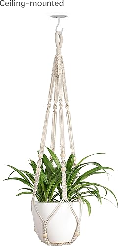 Miniatura 3 de Mkono Paquete de 3 perchas de macramé para plantas y ganchos de techo, cesta colgante de diferentes tamaños para macetas con cuentas sin borlas,