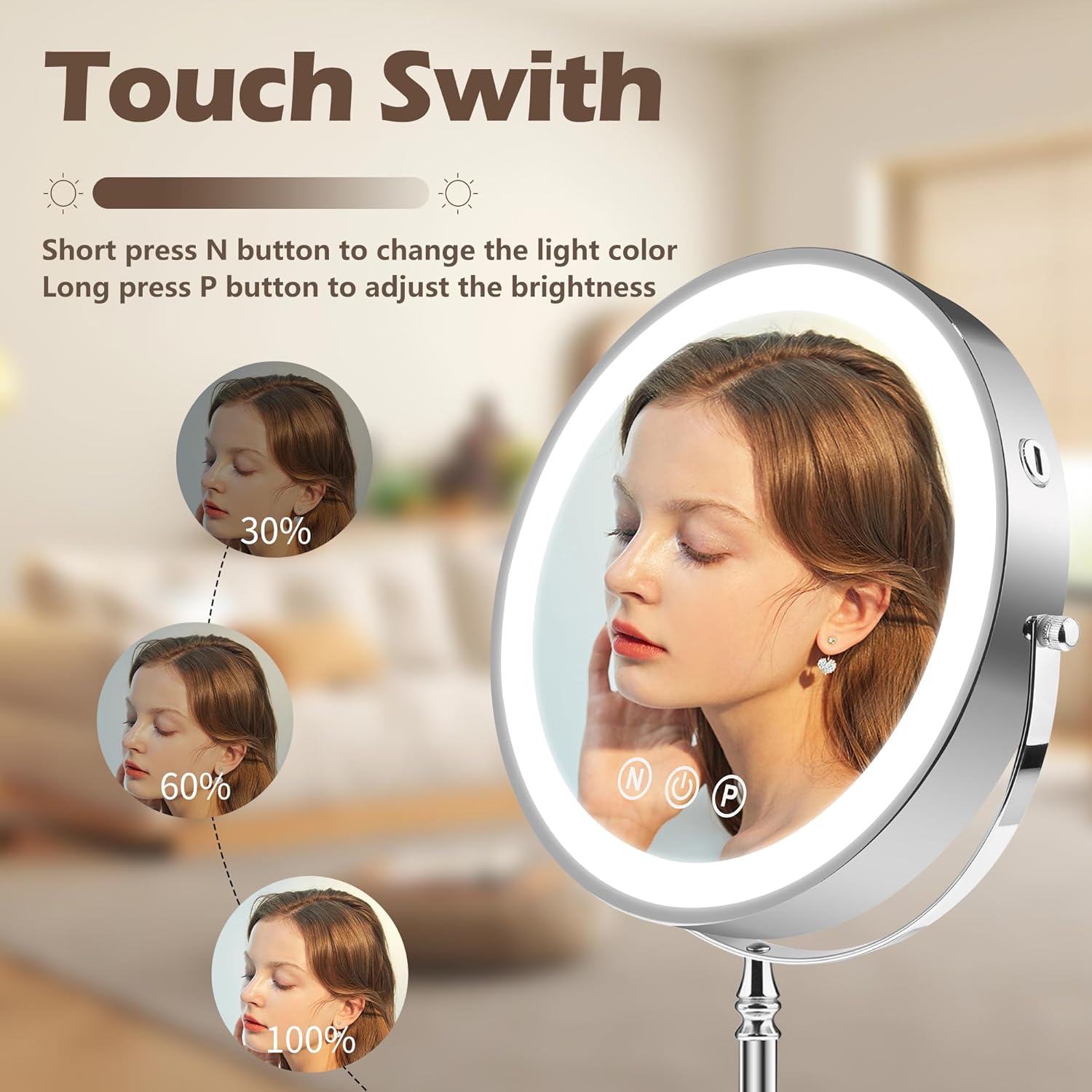 9" Large Lighted Makeup Mirror, 1X/10X Magnifying Makeup Mirror with 3 Colors Dimmable Lightning, 80 LED Lights, 360°Rotation Double Sided Standing Vanity Mirror