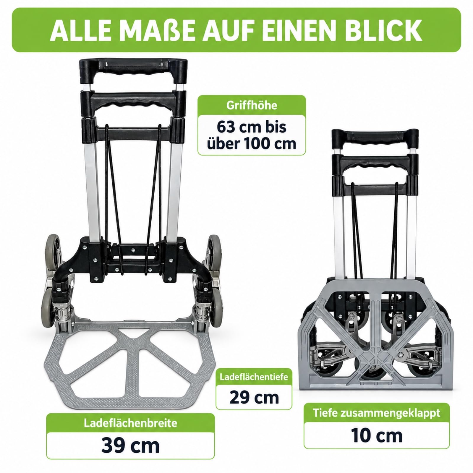 LoadIt Treppensackkarre klappbar 70 kg – Treppensteiger, 6 Räder, Alu
