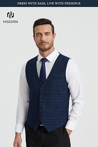 Miniatura 2 de HISDERN Chaleco de traje para hombre, chaleco de vestir a cuadros para hombre, ajustado, chaleco formal de negocios, esmoquin con cuello en V,