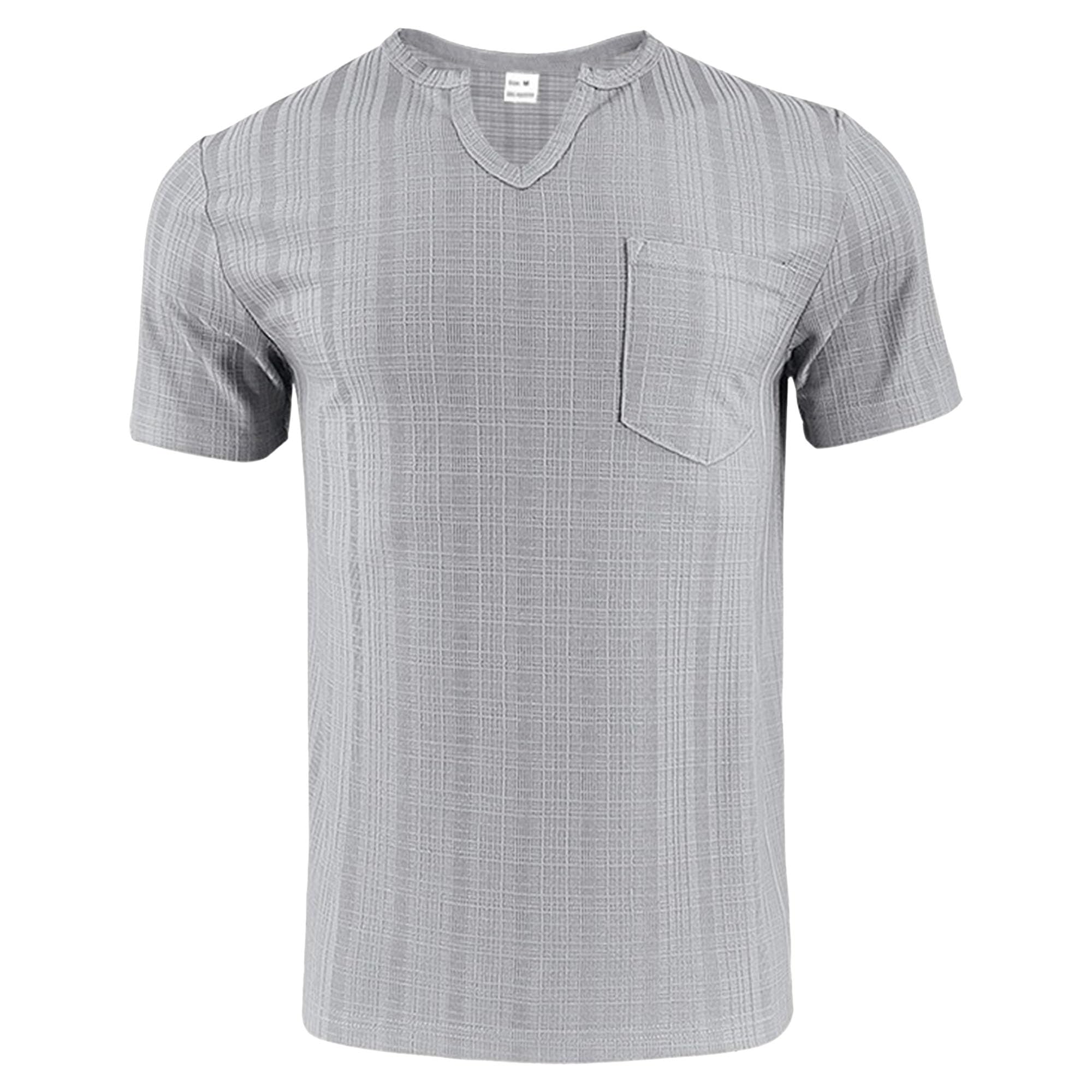 Men Casual Small Checked Shirts Solid V-Neck Short Sleeves Street T Shirt Summer Classic Loose Breathable Pullover (Light Grey,Small)
