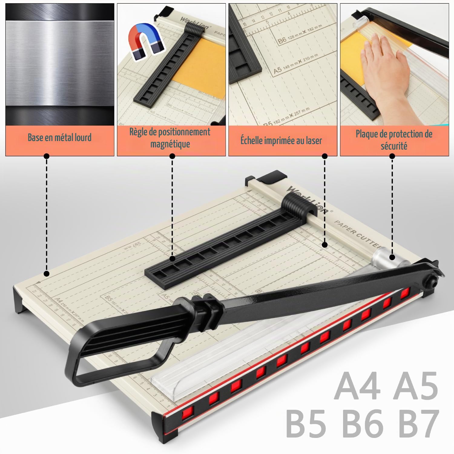 WORKLION Coupe-papier Guillotine A4 – Massicot robuste avec protection de sécurité, capacité de 15 feuilles
