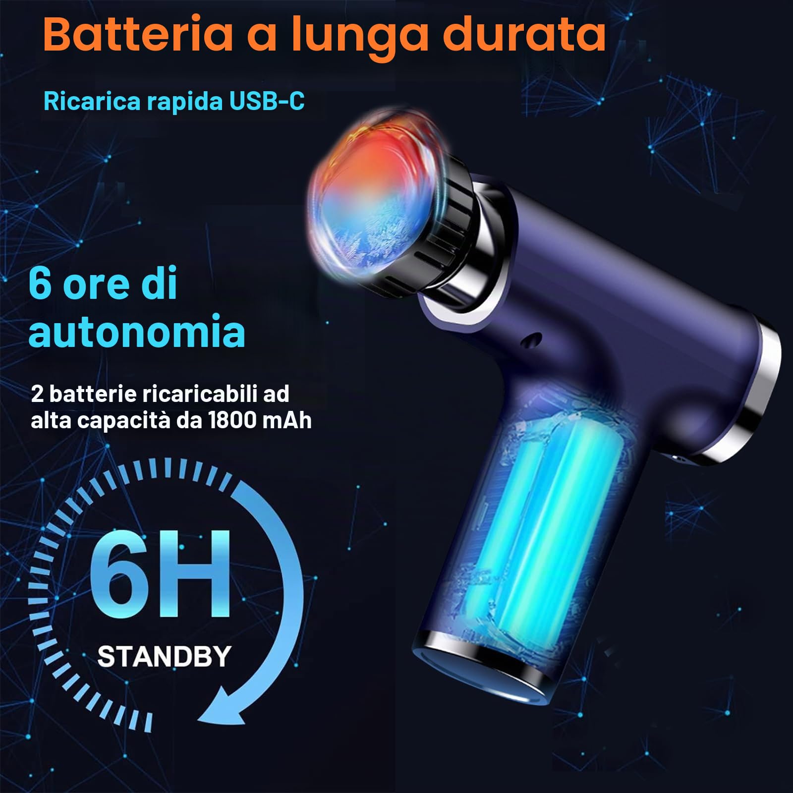 Pistola da massaggio con calore e freddo, testine di ricambio, massaggiatore per tessuti profondi, batteria da 3600 mAh, ampiezza 10 mm, massaggiatore muscolare a percussione per casa, ufficio