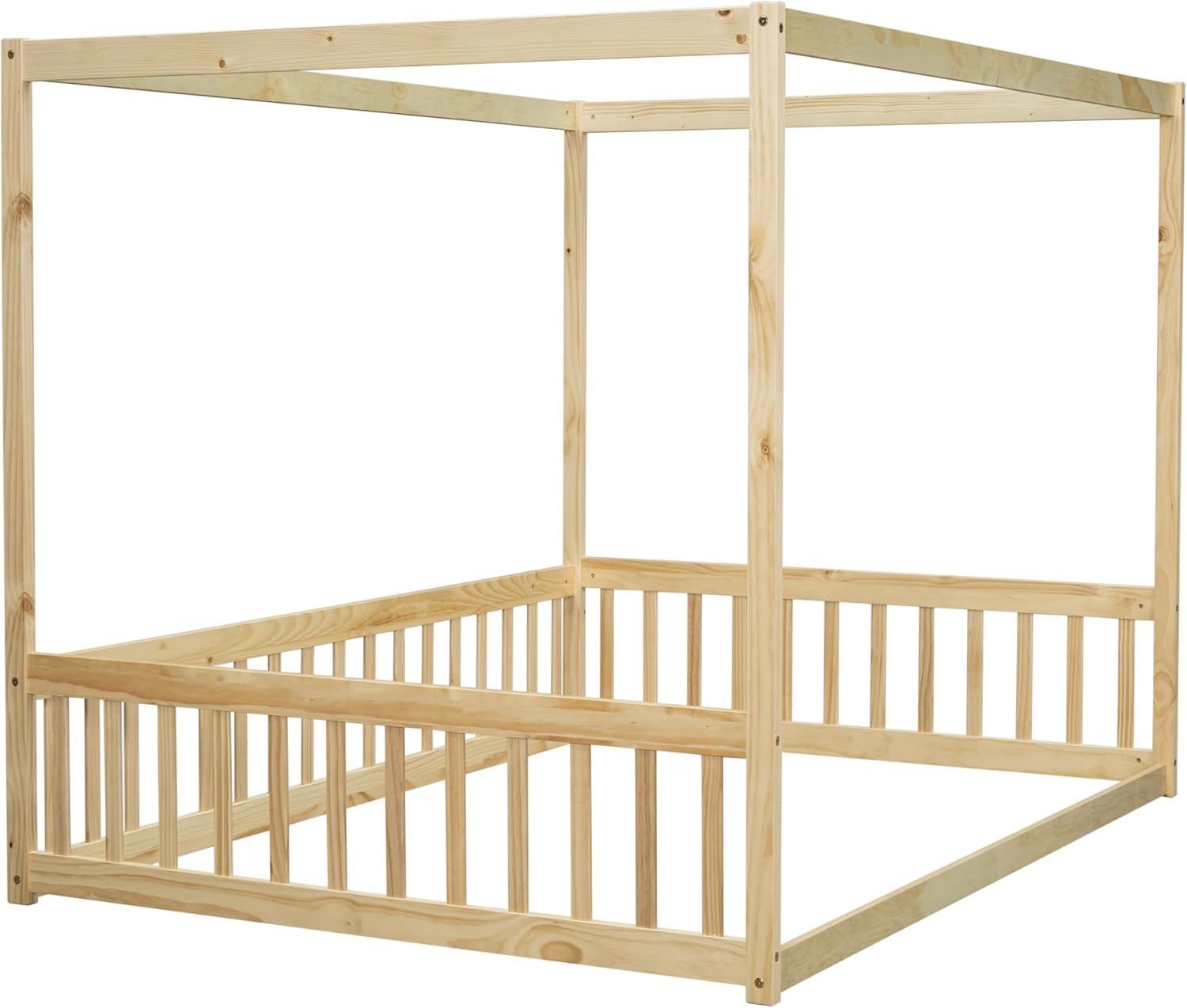 Full Size Canopy Bed Frame with Guardrails for Kids,Floor Bed Full with Four Poster Design,Kids Montessori Floor Bed,Wood Canopy Bed Frame for Girls,Boys(Full,Natural)