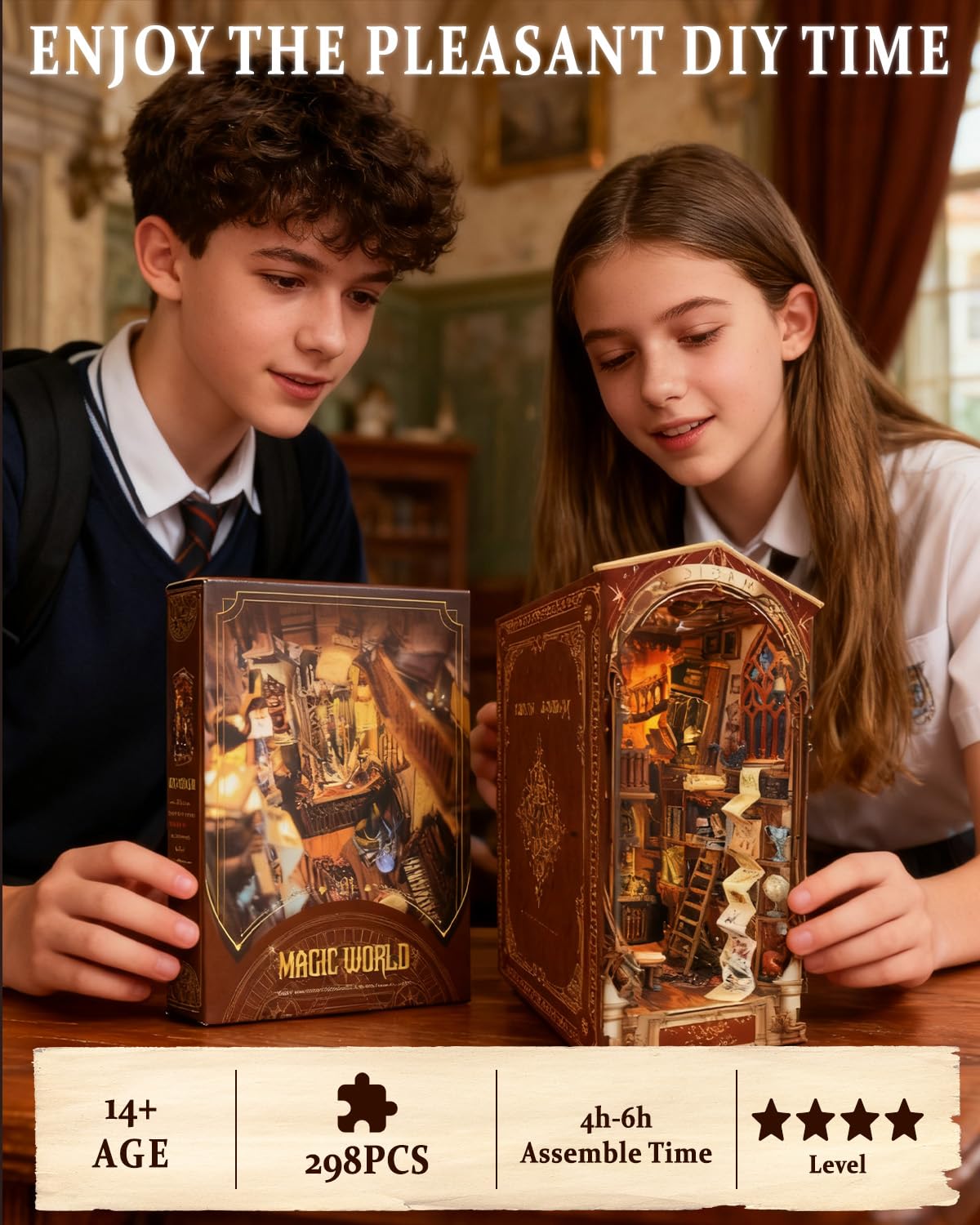 heuchaey Book Nook Kit, Puzzle Stazione Magia Booknook, Casa in Miniatura DIY House con Luce LED, 3D Puzzle in Legno, per Adulti e Ragazzi, Modellismo Creativo, Decorare Librerie, Regalo Originale