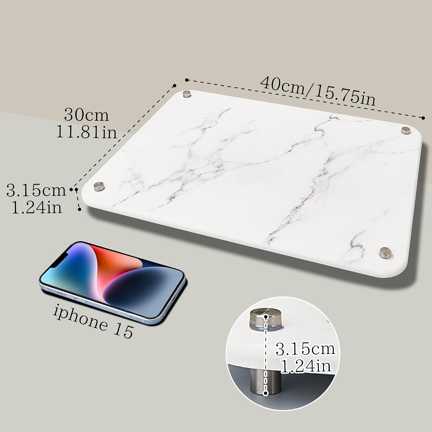 Stone Dish Drying Mat for Kitchen Counter, Quick Drying Diatomaceous Earth Dish Drying Mat with 4 Metal Brackets for Kitchen Sink, Size 15.7 x 11.8 Inches, White Marble Style