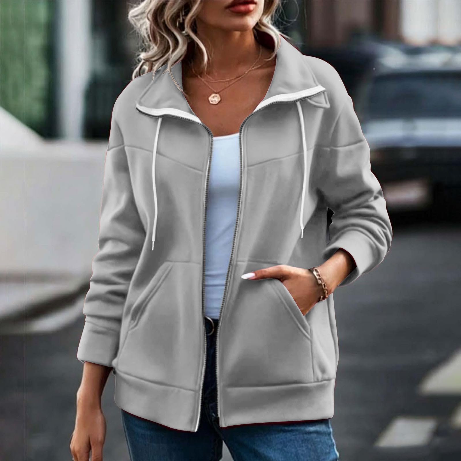 Veste Sweat Femme Zip Intégral Poches Col à Revers Manches Longues uni