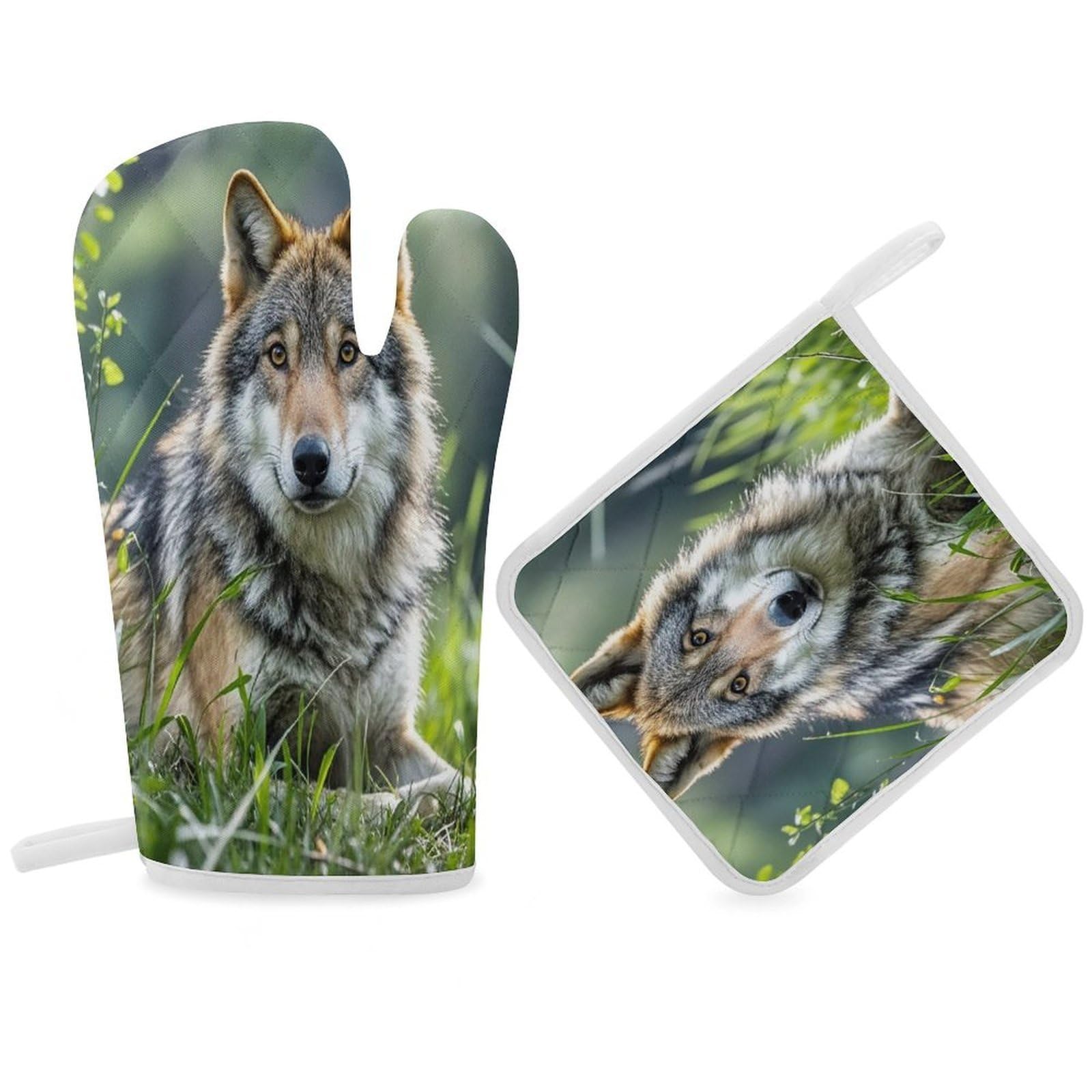 Wolf On The Grass Oven Mitt Gloves and Heat Insulation Pads Double-Layer Thickened Heat Insulation Mitt Temperature Oven Gloves for Cooking Baking Grilling