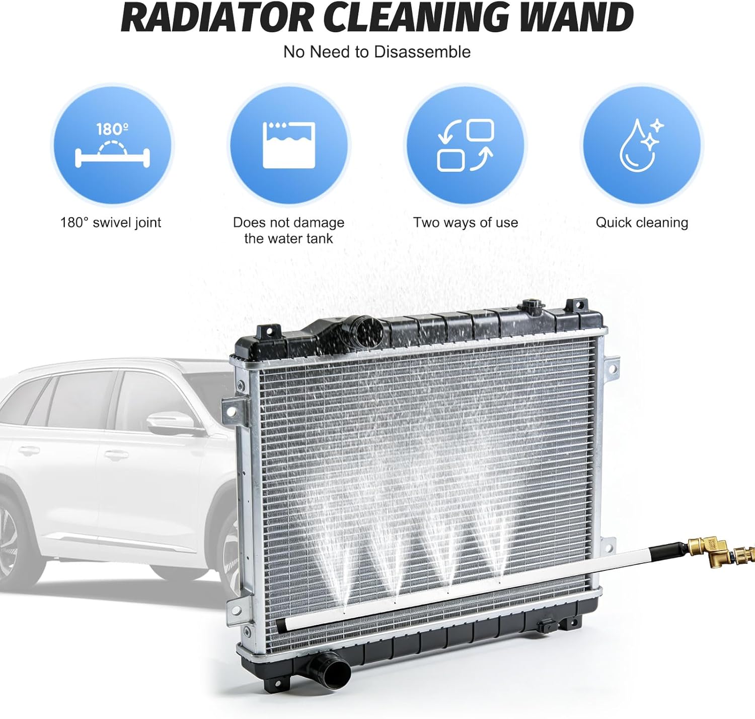 24" Radiator Cleaning Wand - 4500 PSI Stainless Steel Dual Water/Air Radiator cleaner Cleaner w/Pressure Washer Gun Adapter & Tips for Cars, Trucks, Heavy Equipment