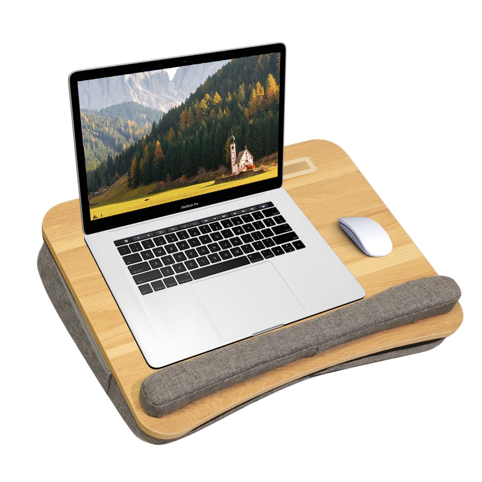 - AMFIYQ Portable Lap Desk for Laptop with Cushion, Storage Bag Fits Up to 15.6 Inch Laptop, Adults with Ipad/Phone & Pillow Holder for Home Office Bed Couch- Light Wood Color
