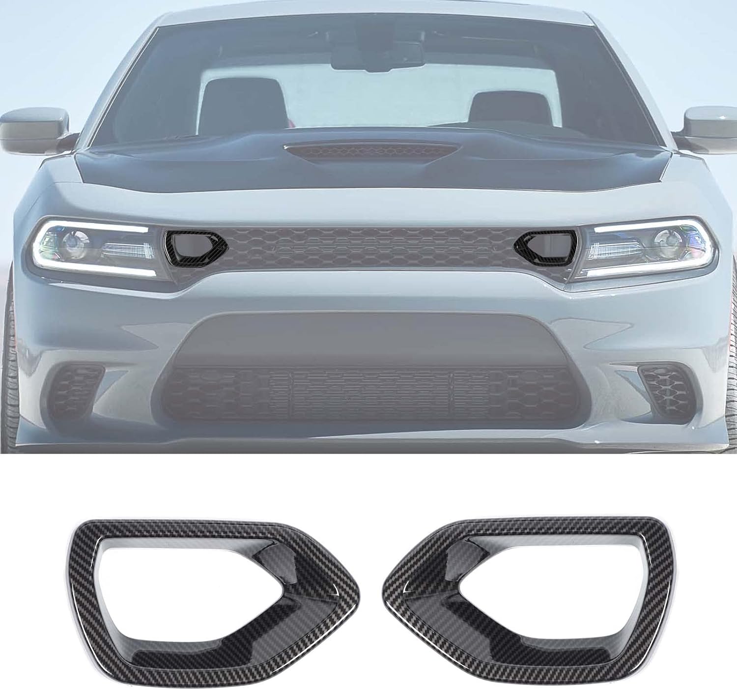 CheroCar Front Bumper Grille Inserts Front Bumper Center Grill Inserts Mesh Trim Cover Fit for 2015-2026 Dodge Charger SRT R/T Scat Pack Daytona Exterior Accessories,Black Carbon Fiber 2PC