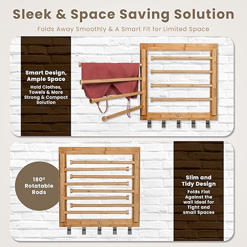 Miniatura 3 de Estante de secado de bambú para montaje en pared para lavandería, secadora de ropa plegable con 8 brazos y 5 ganchos, ahorro de espacio, 20
