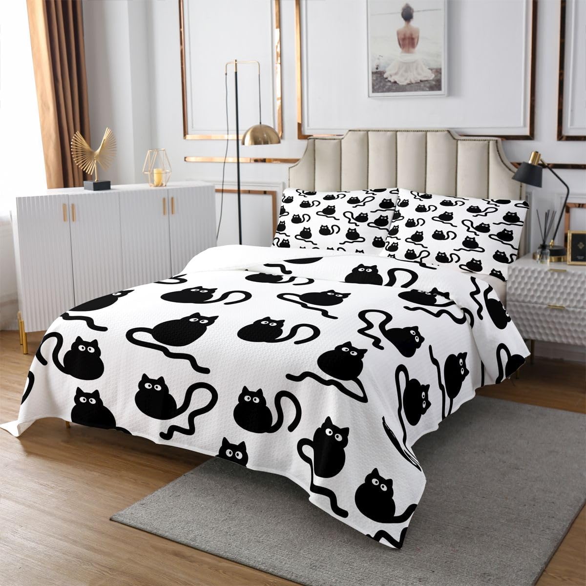 Castle Fairy Black Cat Quilt Sets King Size,Lovely Kitten Bedspread Coverlet 3Pcs for Woman Men Adults Room Decor,Cute Pet Cats Pattern Bedding QuiltsCartoon Animal Comforter Set,2 Pillowcases