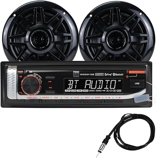 Dual Electronics MXP152B Marine Radio | AM/FM Digital Media Receiver with Built-in Bluetooth | (2) 6.5" Marine Stereo Boat Speakers | Antenna | USB Playback with 2.1A Fast Charging | Black