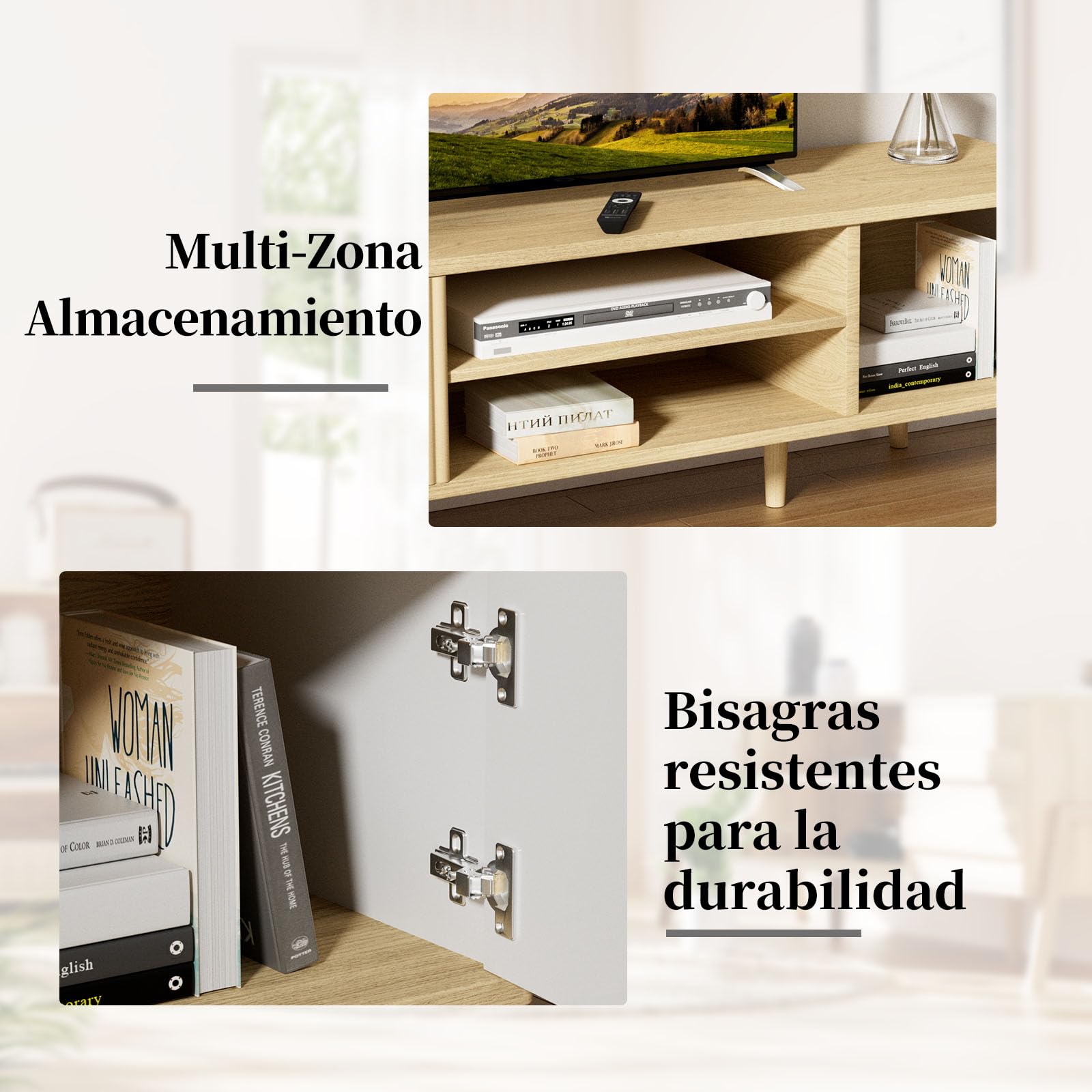 YLGJ&TIDY 140 CM Mueble de TV, Estilo Mid-Century Moderno Mesa de TV, 2 Almacenamiento Abierto & 2 Gabinetes Mueble Salon TV, Compatible con TV 55/60/65 Pulgadas, Madera Natural