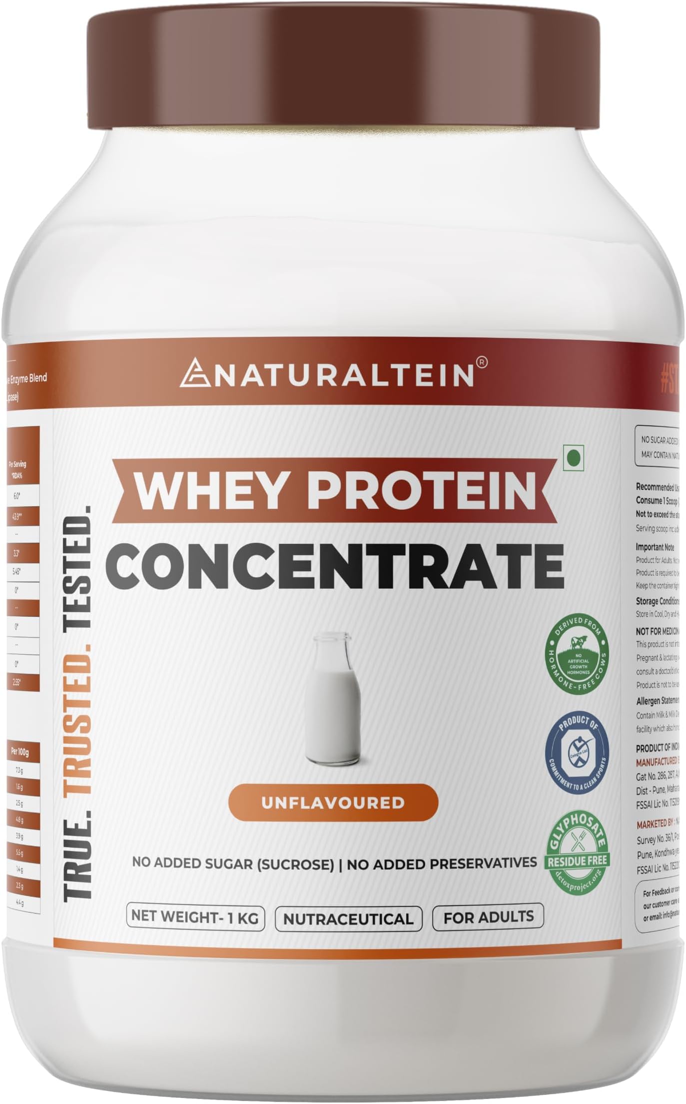 NATURALTEIN Whey Protein Concentrate Unflavoured | 23.7g Protein & 5.4g BCAA Per Serving | Zero Added Sugar | Non-GMO | Soy Free | Gluten Free | 1kg