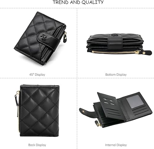 Miniatura 5 de LJCZKA Cartera de cuero vegano para mujer, tarjetero RFID, pequeño bolsillo con cremallera, billetera corta con ventana para identificación, Negro