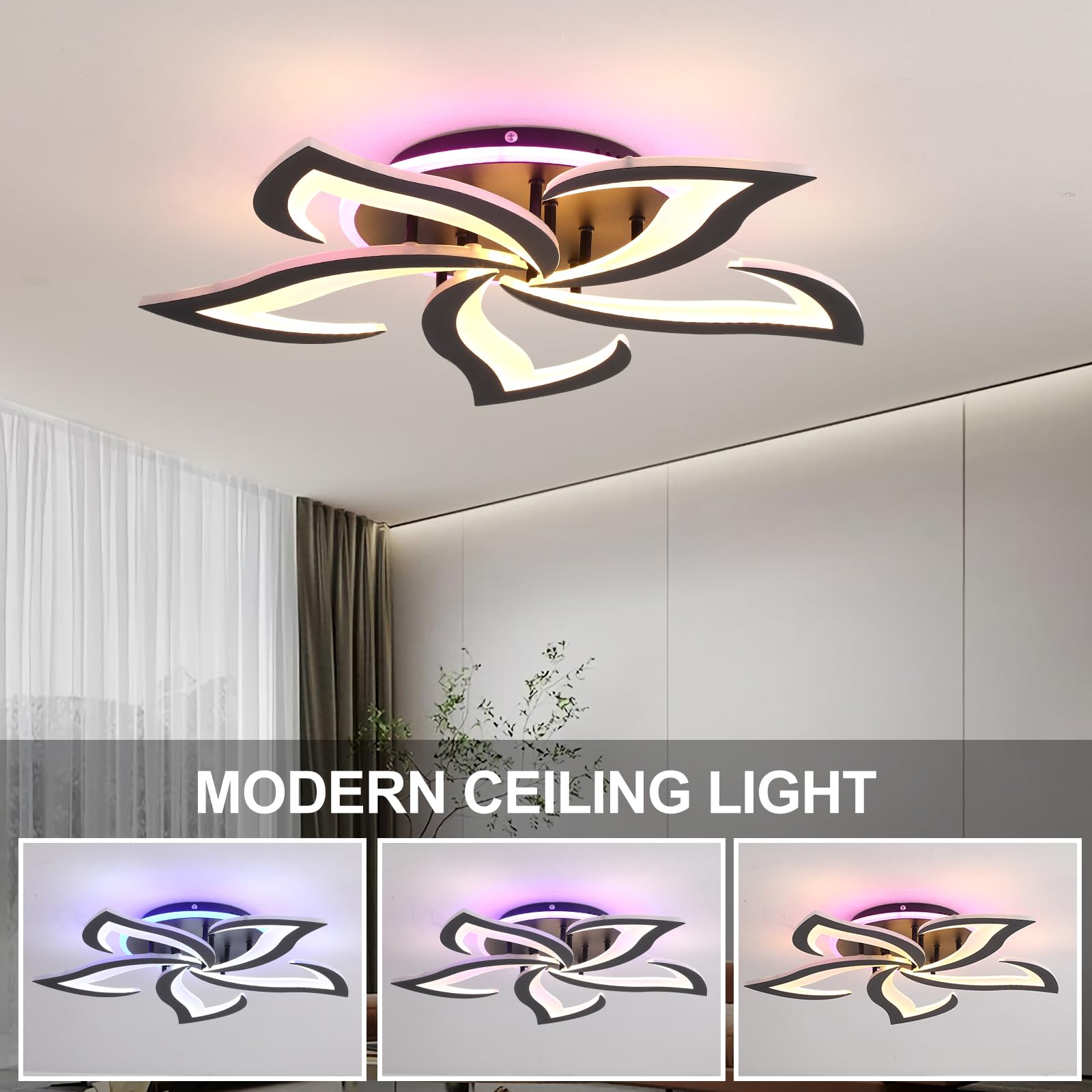 Plafoniera LED Soffitto 5 Petali Fiore Moderna Dimmerabile Nero | Plafoniera moderna da soffitto con telecomando, luce regolabile 3000-6000K per soggiorno, camera, cucina e corridoio