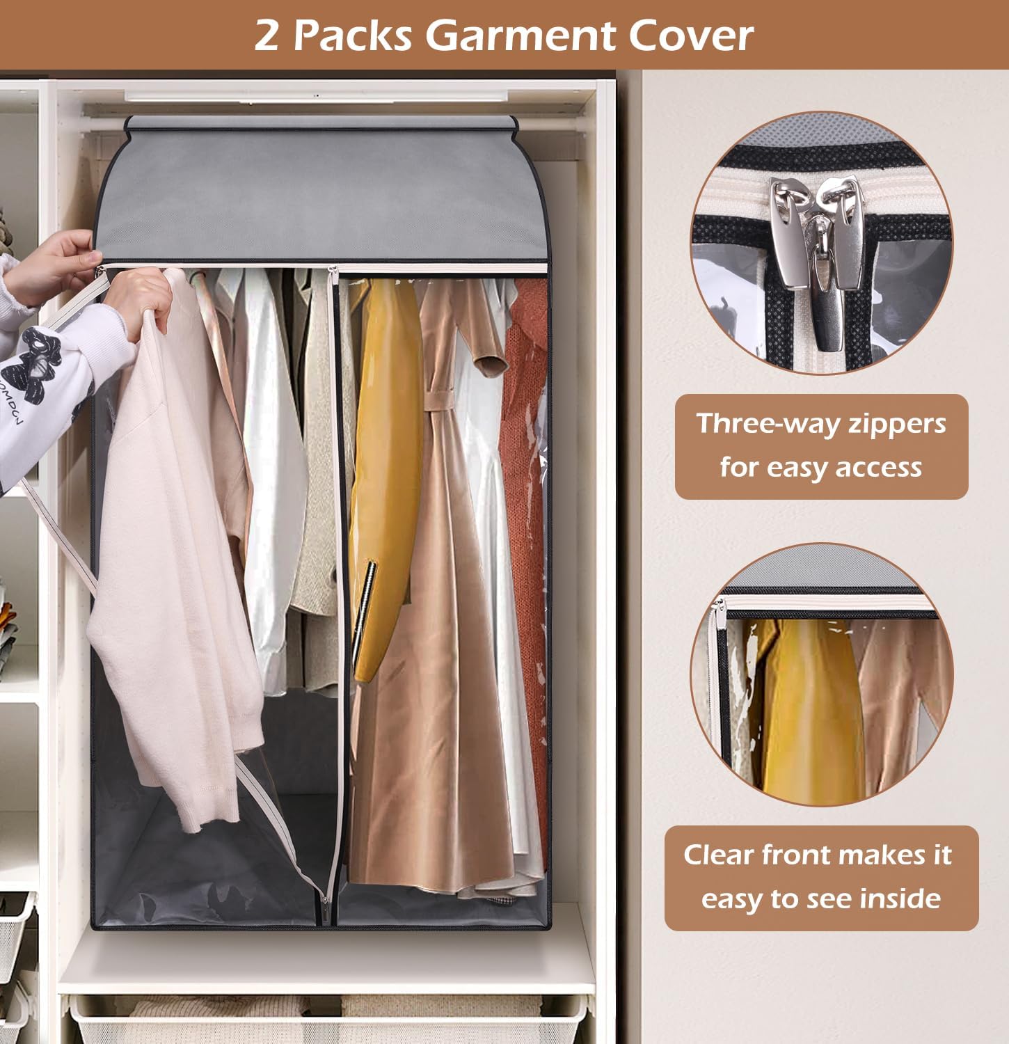 MISSLO 43" Hanging Garment Bags for Hanging Clothes Fully Enclosed Coat Bags for Closet Storage Clothes Cover with Large Clear Window and 3 Zippers (Rack not included), 2 Packs - Image 3