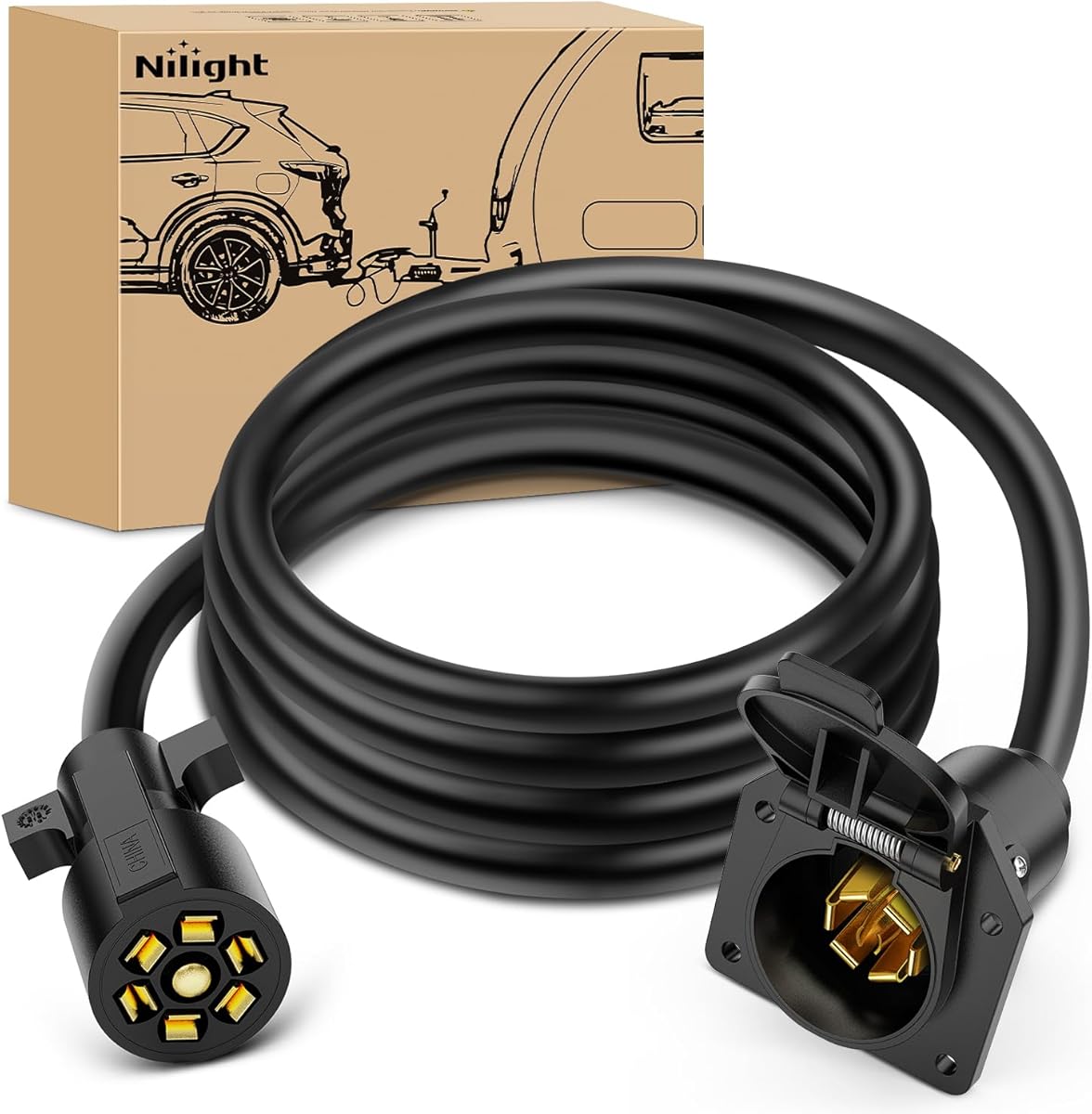 Nilight 7 Way Trailer Plug Extension Cord 8 Feet Heavy Duty 7 Pin Wiring Harness Cable 10-14 AWG Double-Prong Copper Terminals Wires for 7-Blade RV Tow Wiring Connector-8FT