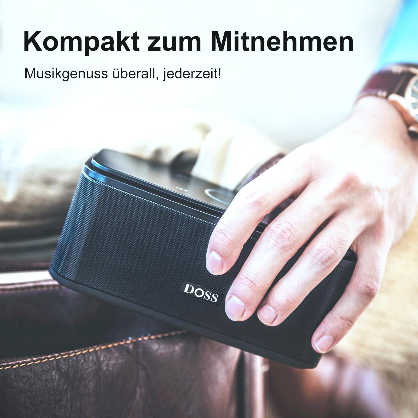 DOSS SoundBox Bluetooth Lautsprecher, Musikbox Bluetooth mit 5.0, Full-Range-Treiber, 20H Spielzeit,Touch Control, IPX5 Wasserdicht, Bluetooth Boxen für Handy, zuhause, Garten, Reise - Schwarz