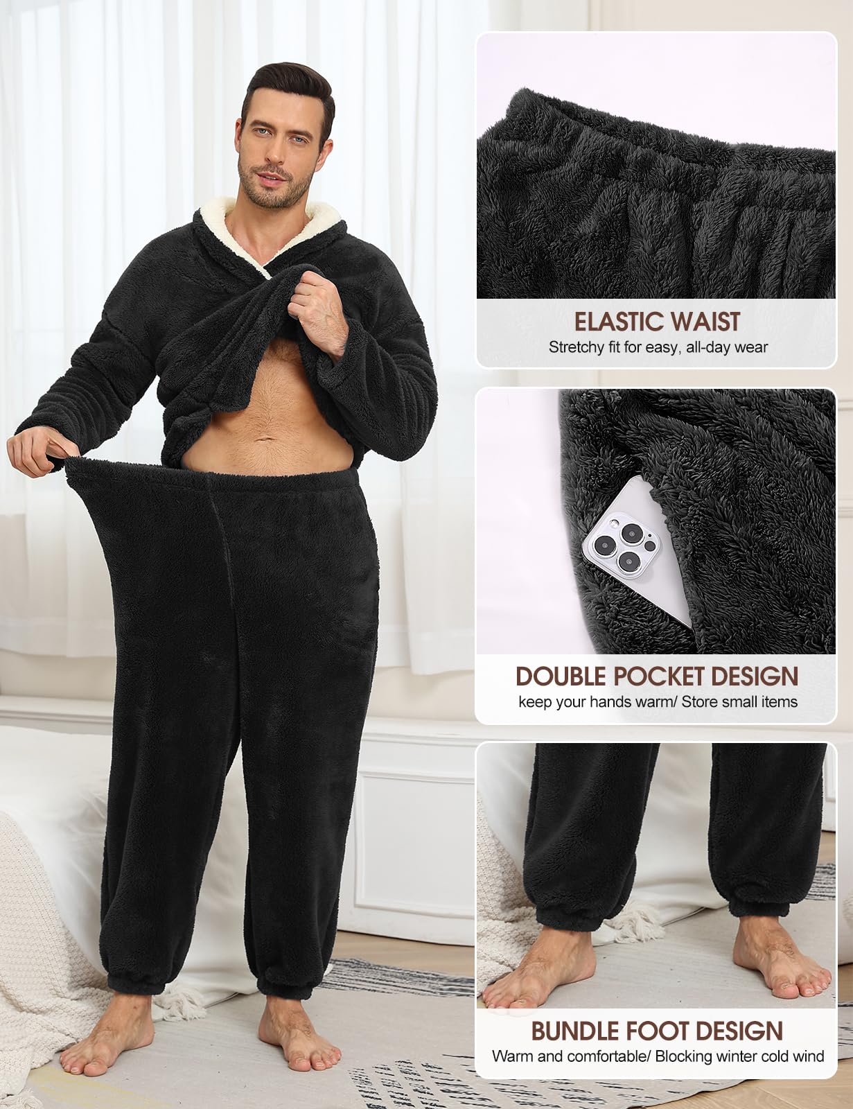 TOMEEK Pijama Hombre Invierno Largo Pijama Cálido Pantalones de Pijamas Hombre Conjunto de 2 Piezas Felpa Ropa de estar por Casa Regalo