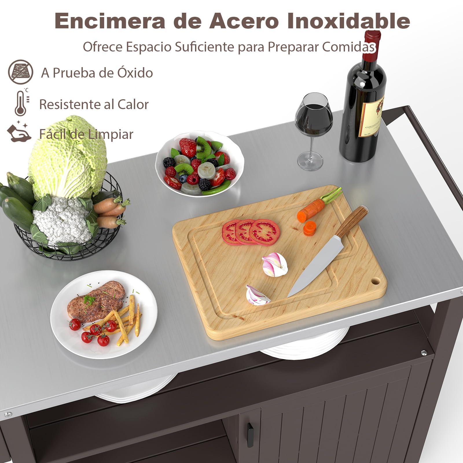 COSTWAY Carrito de Barbacoa con Estante Abierto y Armario, Cocina Exterior con 4 Ruedas 360°con Freno, Encimera de Acero Inoxidable, Mueble para BBQ para Picnic, Fiesta, 116 x 50 x 87 cm
