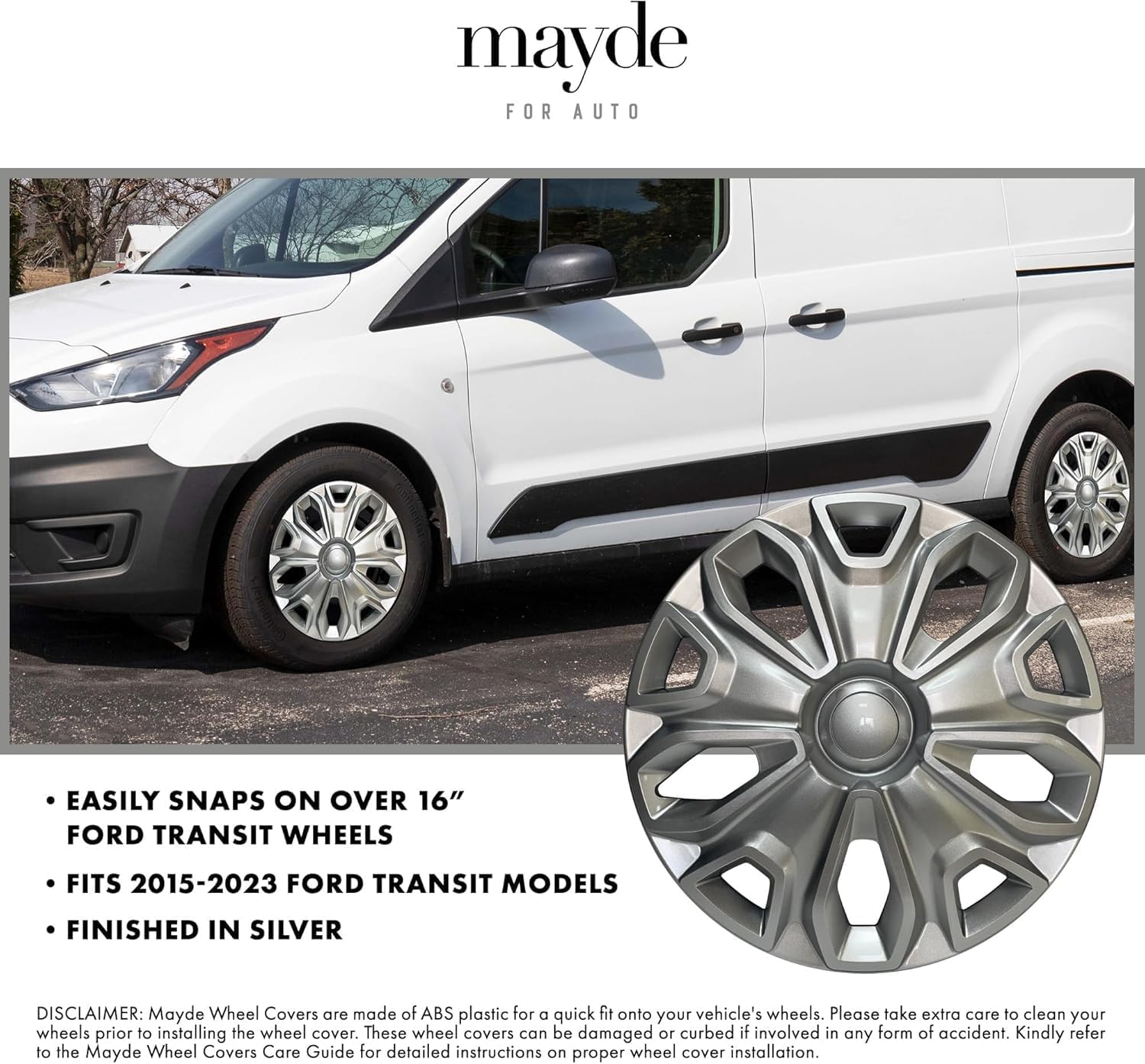 Mayde 16-Inch Hubcaps Fits 2015-2023 Ford Transit, Replacement Wheel Covers (1, Silver)