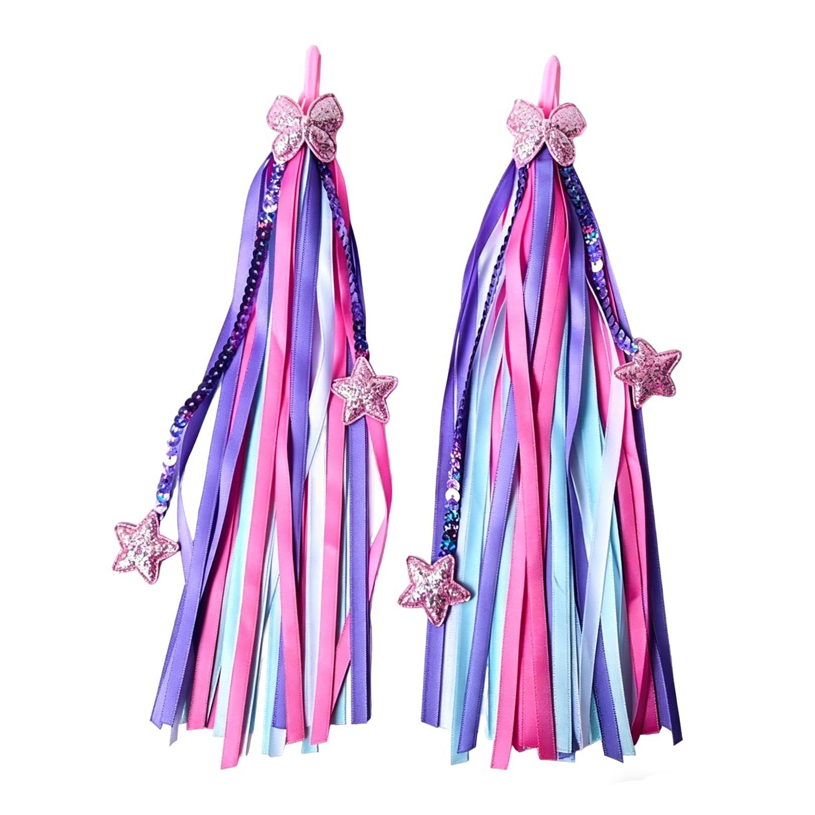 2pcs Bike Tassels for Girls,Purple Pink Handlebar Streamers Bike and Scooter Accessories,Colorful Ribbon Floating Tassels Cycling Decorations with Star Bow and Glitter for Kids or Gift Set