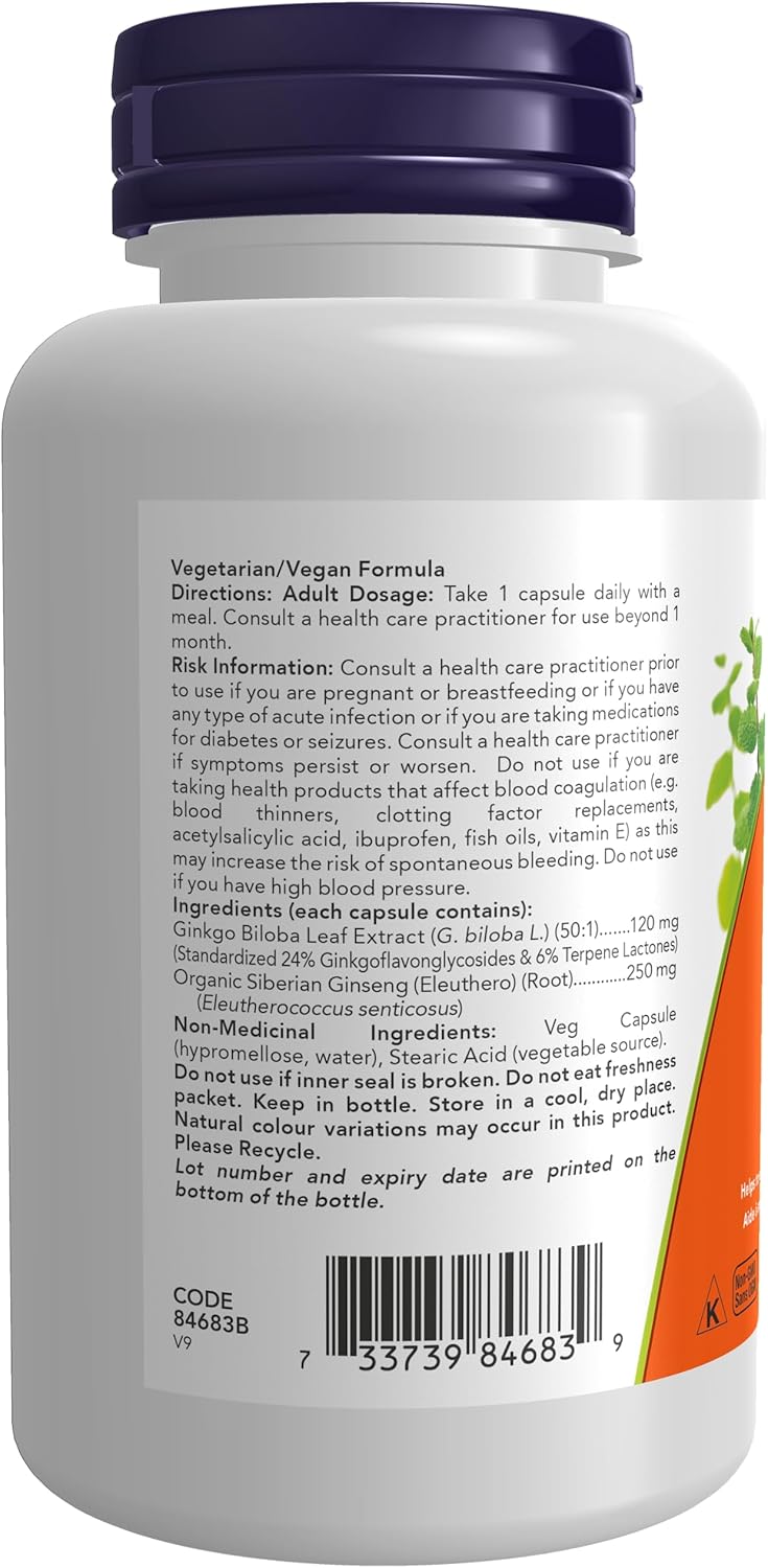 Complément Alimentaire Ginkgo Biloba NOW Foods 120mg - 100 Gélules Végétales, Fabriqué Aux USA